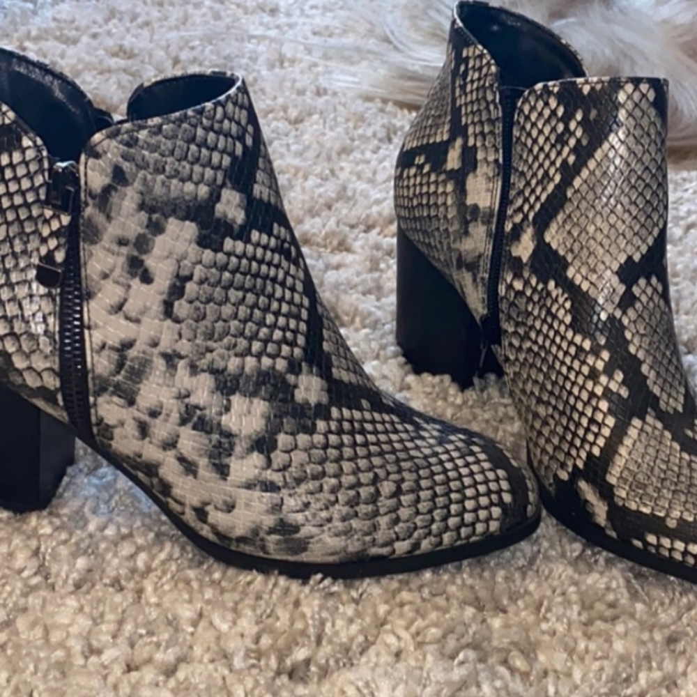 Faux snakeskin booties